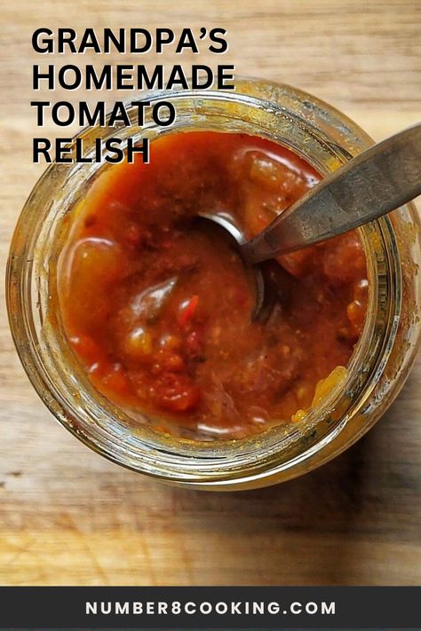 Grandpa's homemade tomato relish is a coveted family treasure. After years of obsessively savoring this tangy, sweet, addictive relish. Now it's your turn! #tomatoes #tomatorelish #homemaderelish #cooking #sauces Tomato Pepper Relish, Tomato Relish Canning Recipe, Sweet Tomato Relish Recipe, Tomato Relish Recipe Easy, Sweet Tomato Relish, Apple Relish Recipe, Pickled Veggies Recipe, Homemade Relish, Tomato Relish Recipe