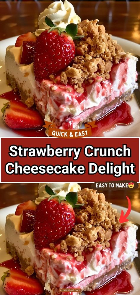 Ingredients: For the Cheesecake: 1 1/2 cups graham cracker crumbs 1/4 cup sugar 1/3 cup butter, melted 3 (8 oz) packages cream cheese, softened 1 cup Strawberry Cobbler Cheesecake, A No-bake Summer Dream: Strawberry Crunch Cheesecake, Strawberry Crunch No Bake Cheesecake, Strawberry Crunch Cheesecake Delight, Strawberry Crunch Cheesecake Cups, No Bake Strawberry Delight, No Bake Strawberry Crunch Cheesecake, Strawberry Crumble Recipe, Cheesecake Delight