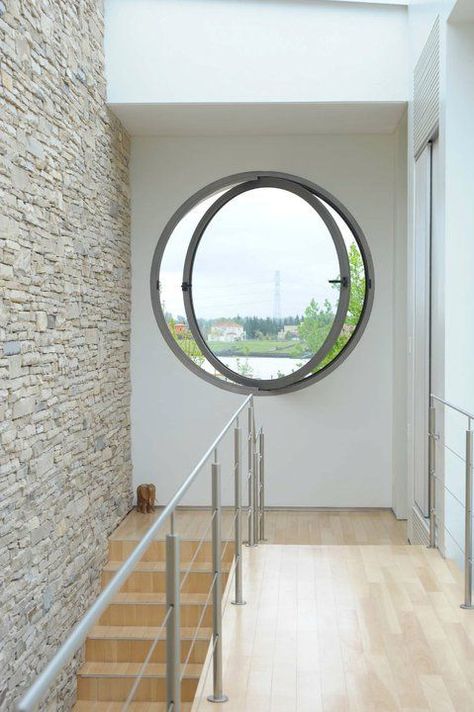 Round Windows Ideas Exterior, Modern Farmhouse Stairs, Staircase Color, Farmhouse Stairs, Round Stairs, Stairs Window, Nyc Home, Modern Exterior Doors, Window Architecture