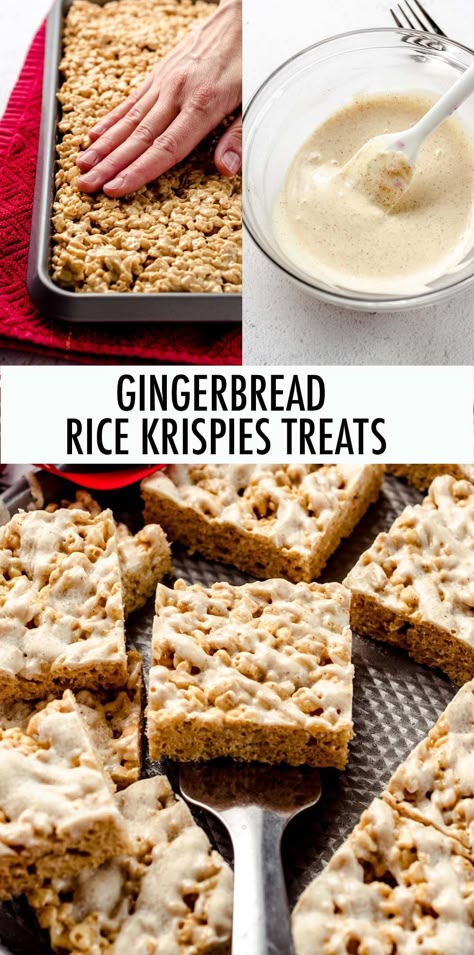 Rice Krispies Treats get a holiday upgrade-- spiced with molasses, cinnamon, and ginger and topped with a spiced white chocolate drizzle. These gingerbread rice krispies treats are sure to be a Christmas favorite! | gingerbread rice krispie treats | rice krispie gingerbread | Christmas rice krispie treats | gingerbread rice crispy treats | gingerbread rice crispies Reindeer Rice Crispy Treats, Chai Rice Krispie Treats, Easy Christmas Rice Krispie Treats, Gingerbread Rice Krispie Treats, Gingerbread Rice Crispy Treats, Holiday Rice Crispy Treats, Christmas Rice Krispie Treats Ideas, Christmas Rice Crispy Treats, Rice Crispy Treats Christmas