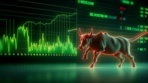 Bull with background of uptrend stock market. Concept of bullish market. AI generated Stock Market Background, Stock Market Wallpaper Creative, Bull Images, Trading Learning, Bulls Wallpaper, Thumbnails Youtube Background, Jay Mataji, Youtube Background, Money Background