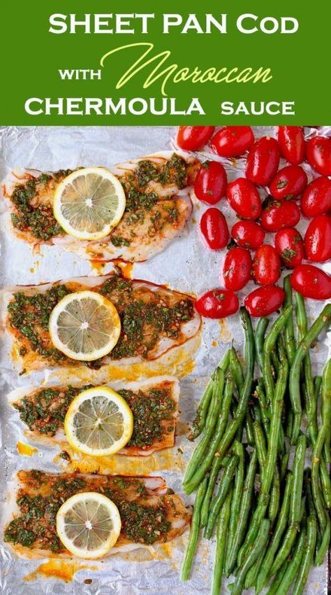 This flavor-packed meal is cooked on a single sheet pan and ready in under 30 minutes! Wild Cod, Green Beans and Cherry Tomatoes are roasted to perfection with Chermoula, a Moroccan inspired fresh herbs, lemon and garlic sauce. Quick, easy and delicious! #whole30 #onepan #onepot #easy #fish #seafood #healthy Sheet Pan Cod, Sheet Pan Fish, Seafood Healthy, Chermoula Sauce, Healthy Sheet Pan, Parmesan Crusted Tilapia, Beans And Tomatoes, Fish Dinners, Baked Cod Recipes