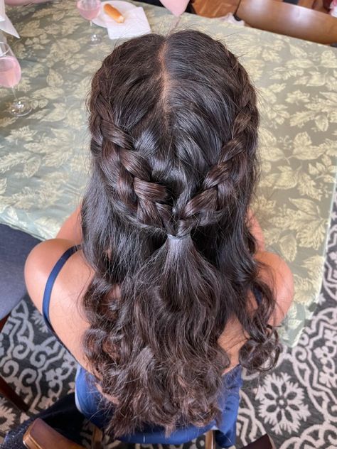 Half And Half Hair Styles, Braids Into Half Up Half Down, Braided Hairstyles Wavy Hair, Braid With Hair Down, Down Hair With Braid, French Braids Half Up Half Down, Hairstyles For Camp, Have Up Have Down Hair Hairstyles, Wavy Hair Half Up Half Down