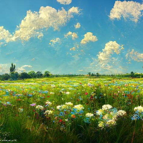 Painting Flowers Field, Painted Field Of Flowers, Grassy Field Drawing, Flower Field Landscape Painting, Colorful Scenery Painting, Flower Fields Drawing, Flower Field Mural, Field Flowers Painting, Acrylic Field Painting