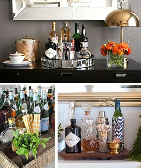 Designer Tip: How to Style Your Bar Dining Room Buffet Bar Decor, Setting Up A Bar Cabinet, Bar On Buffet Table, Tabletop Bar Ideas, Drink Tray Decor, Bar Cart Home Decor, Tray Bar Ideas, Mini Bar Styling, Alcohol Tray Decor