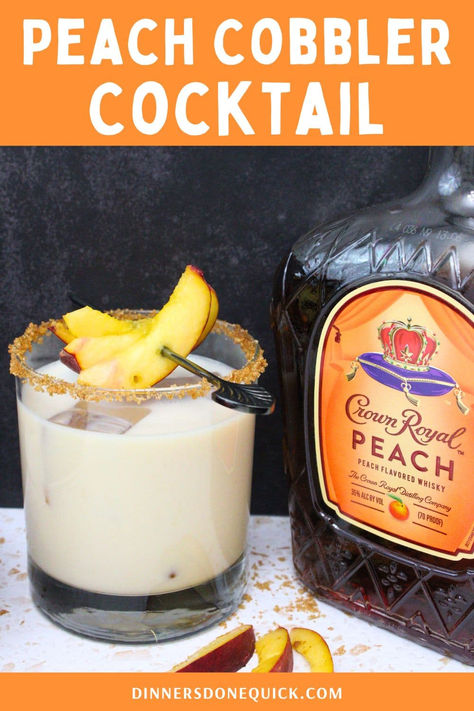 Enjoy the sweet, comforting flavors of a Peach Cobbler Cocktail made with Crown Royal Peach Whiskey. This delicious drink combines the smooth taste of peach whiskey with a creamy base and a hint of spices to create a cocktail that tastes just like your favorite dessert. Perfect for summer gatherings or cozy nights in, this easy-to-make cocktail is sure to impress. Click to get the full recipe and bring a taste of peach cobbler to your glass! Crown Peach Fall Drink, Irish Peach Cocktail, Peach Cobbler Shots, Drinks Made With Peach Crown Royal, Peach Crown Recipes, Peach Royal Crown Recipes, Crown Mixed Drinks Recipe, Peach Cobbler Old Fashioned Cocktail, Peach Whisky Cocktails