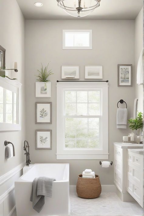 Farmhouse Bathroom Paint Colors Behr, Restroom Color Schemes, Marble Bathroom Wall Color, Neutral Bathroom Wall Colors, Washroom Color Ideas, Revere Pewter Sherwin Williams, Light Bathroom Paint Colors, Bathroom Color Scheme Inspiration, Small Bathroom Paint Colors No Window