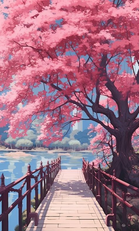 Cherry blossom bridge Cherry Blossom Wallpaper, Pink Tree, Japon Illustration, Japanese Landscape, Seni Cat Air, Pretty Landscapes, Anime Backgrounds Wallpapers, Cool Wallpapers Art, Beautiful Landscape Wallpaper