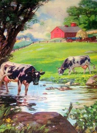 Henry Hintermeister, Farm Scene Painting, Classic Illustration, Illustration Postcard, Farm Pictures, Farm Paintings, Farm Art, Farm Scene, Cow Painting