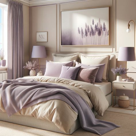 Beige Sage Bedroom, Colors That Match With Lavender, Lavender And Gold Bedroom Ideas, Lilac And Brown Bedroom, Gray Lavender Bedroom, Cozy Lavender Bedroom, Beige Color Bedroom Ideas, Beige And Lavender Bedroom, 11sqm Bedroom Ideas