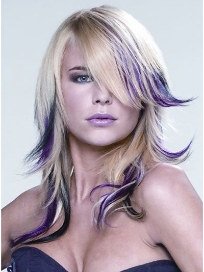 Coloured Complete Layered Feathered Look Blonde And Purple Hair, Blonde And Purple, Blonde Hair Pictures, Blond Hairstyles, Long Hair Highlights, Balmain Hair, Hair Highlights And Lowlights, Straight Hair Cuts, Peinados Recogidos