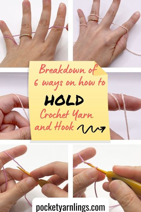 holding crochet hook and yarn Hold Crochet Hook, Different Ways To Hold Crochet Yarn, Holding Crochet Hook And Yarn, How To Teach Crochet Classes, How To Hold Crochet Hook, Ways To Hold Yarn When Crocheting, Holding Yarn While Crocheting, How To Hold Crochet Yarn, How To Hold Crochet Hook And Yarn