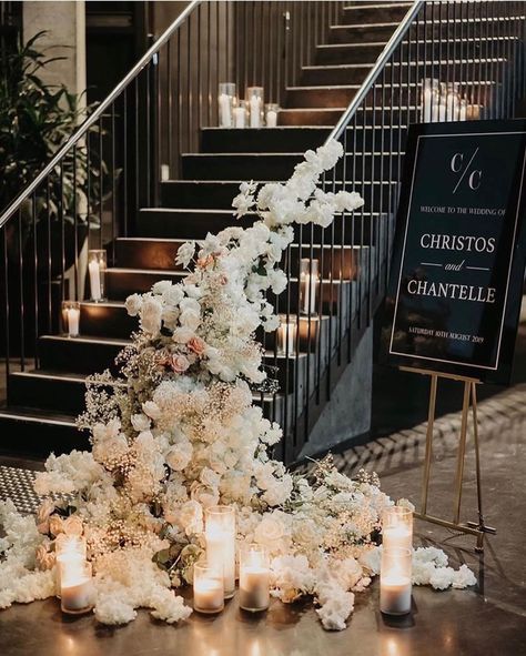 Staircase Wedding Decoration, Disco Ball Wedding Florals, Staircase Floral Installation, Floral Staircase Decor, Grand Staircase Wedding Decor, Wedding Flowers Staircase, Staircase Florals Wedding, Staircase Floral Decor, Flowers On Staircase