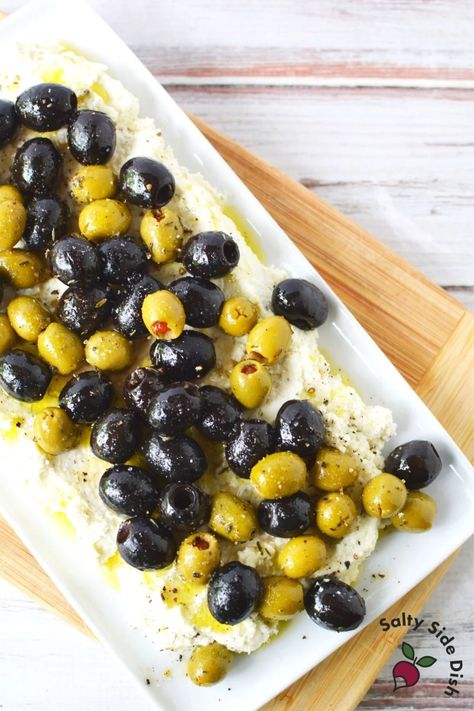 Whipped Olive Feta Dip - TikToks Most Deserved Trend | Easy Side Dish Recipes Whipped Feta And Roasted Olives, Feta Appetizer, Cucumber Dip Recipe, Cousins Christmas, Salty Side Dish, Fresh Basil Recipes, Roasted Olives, Greek Dip, Dill Recipes