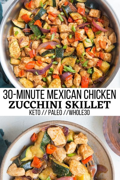 30-Minute Mexican Chicken and Zucchini Skillet - The Roasted Root Chicken Zucchini Peppers Recipes, Chicken Zucchini Pasta Skillet, Tex Mex Chicken And Zucchini, Chicken Veggie Skillet, Calabacitas Recipe Chicken, Chicken And Zucchini Recipes Healthy, Zucchini And Chicken Recipes, Chicken Vegetable Skillet, Chicken Zucchini Skillet