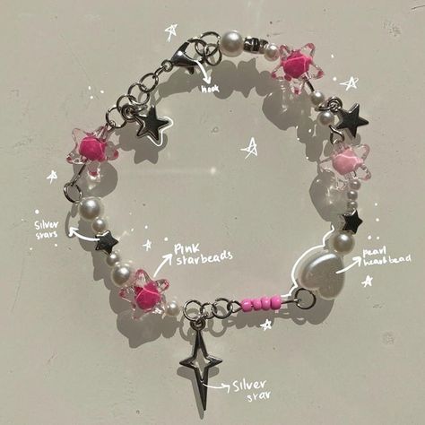 Translucent  Five Pointed Star Heart Beaded Bracelet Fashion Women's Beautifully Jewelry Valentine's Metal Bead Bracelet, Gelang Manik-manik, Bracelet Accessories, Pola Gelang, Pink Star, Gelang Manik, Beads Bracelet Design, Jewelry Accessories Ideas, Funky Jewelry