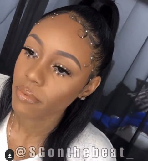 Rhinestone makeup for black women by sgonthebeat_ Face Jewels Black Women, Ponytail With Rhinestones Black Women, Braids With Rhinestones, Rhinestone Braids, Rhinestone Makeup Black Women, Rhinestones In Hair Black Women, Ponytail With Gems, Bedazzled Hair, Prom 2k23