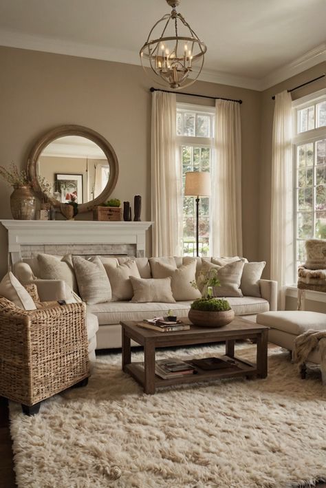 Get ready to elevate your home decor in 2024 with the soothing allure of soft neutrals. Discover how to create cozy vibes effortlessly. #ad     #Colortrend #wallpaint2024  #color2024  #DIYpainting  ##DIYhomedecor  #Fixhome Neutral Cozy Living Room, Barndo House, Cherry Wood Kitchen Cabinets, Honey Oak Cabinets, Beige Couch, Solid Wood Kitchen Cabinets, Brown Couch Living Room, Home Vibes, Brown Couch