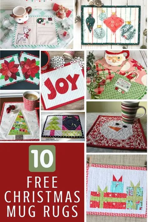 10 Free Christmas Mug Rugs - Sewing With Scraps Sewing With Scraps, Diy Embroidery Machine, Diy Christmas Mugs, Christmas Mug Rugs, Christmas Quilting Projects, Mug Rug Tutorial, Christmas Sewing Projects, Mug Rug Patterns, Christmas Rugs