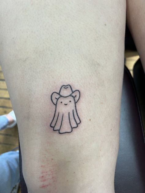 Very Simple Tattoos For Women, Ghost Patchwork Tattoo, Ghost Tattoos Small, Horror Tattoos Simple, Ghost Flipping Off Tattoo, Salem Tattoo Ideas Small, Simple Fall Tattoos, Ghost With Headphones Tattoo, Girly Ghost Tattoo