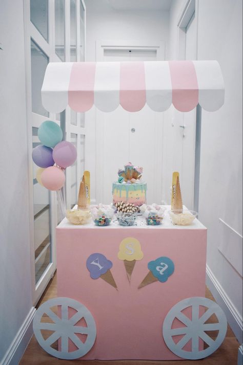 Ice Cream Booth Ideas, Heres The Scoop Birthday Party Decorations, Diy Ice Cream Cart Birthday Parties, Diy Ice Cream Cart Ideas, Pastel Sweet One Birthday, Decorate Chairs For Party, Ice Cream Birthday Photo Shoot, Ice Cream Birthday Decor, Ice Cream Birthday Party Theme Decorations