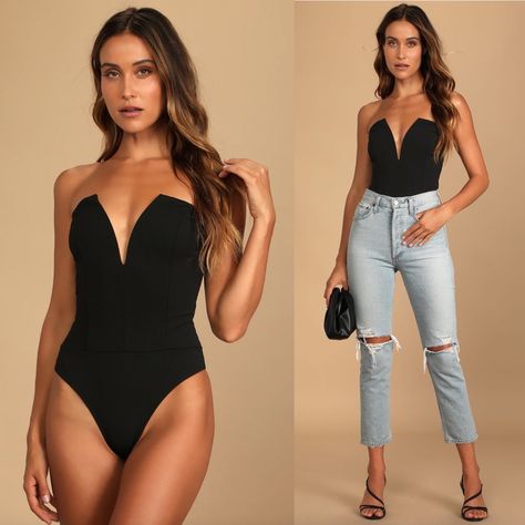 There Is Nothing A Black Bodysuit Can’t Fix. The Babe Alert Black Notched Strapless Bodysuit Is No Joke And Perfect For Your Outfit Rotation. This Stretchy Ponte Knit Fabric Is Super Flattering. The Bodysuit Has A Notched Strapless Neckline, Supportive V Bar And A Princess Seamed Bodice. The Suit Has A Cheeky Bottom Portion And Has Snap Closures. You Can Rock This With A Mini Skirt Or Some Jeans For A Perfect Date Night Look. - The Wholesale Brand Is Blue Blush But It Is Sold By Lulu’s Size S: 2 Sweetheart Neckline Bodysuit, Cute Body Suit Outfits, All Black Bodysuit Outfit, How To Style A Bodysuit, Black Body Suit Outfit Jeans, Plus Size Bodysuit Outfit, Bodysuit And Jeans Outfits, Jeans Date Night Outfit, Black Bodysuit Outfit