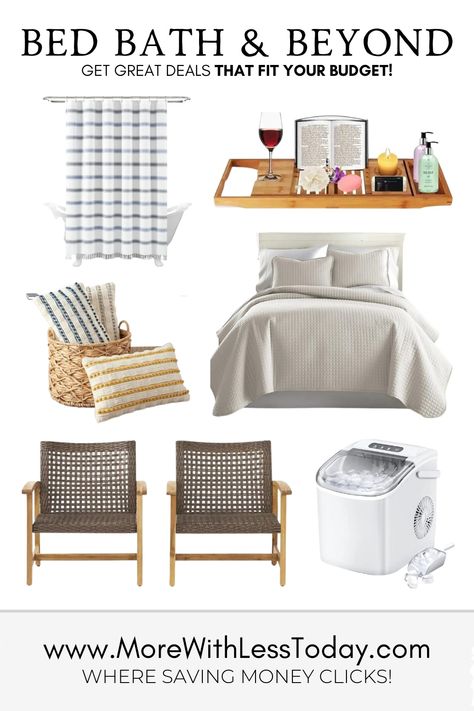 A collage of 6 home goods that are on sale at the new Bed Bath and Beyond Bed Bath And Beyond Clearance, Bathtub Caddy, Portable Ice Maker, Textured Throw Pillows, New Bed, Buy Bed, Lodge Style, Relaxing Bath, New Beds