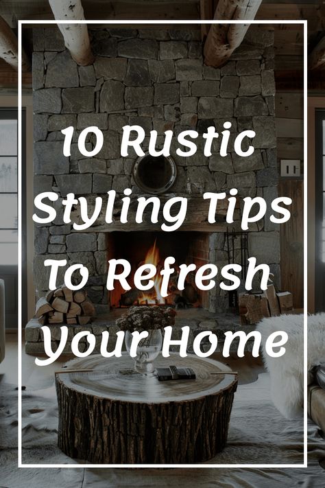 10 rustic styling tips to refresh your home overlaying a cozy stone fireplace setting. Glamorous Home, Rustic Decor Ideas, Stone Fireplace Surround, Cabin Living Room, Rustic Home Decor Ideas, Vintage Room Decor, Wallpaper Walls Decor, Front Rooms, Vintage Elements