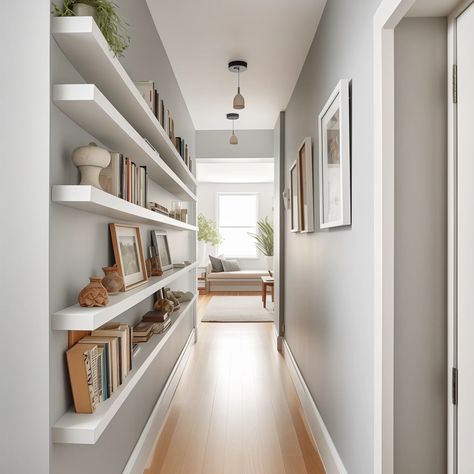 Narrow Hallway Decorating Ideas - Samplize Blog Narrow Hallway Shelf, Hallway Long Narrow, Narrow Hallway Decorating Farmhouse, Wall Decor Hallway Narrow, Long Hallway Storage Ideas, Long Wide Hallway Decorating, Narrow Passage Ideas, Small Narrow Hallway Decorating, Narrow Storage Room