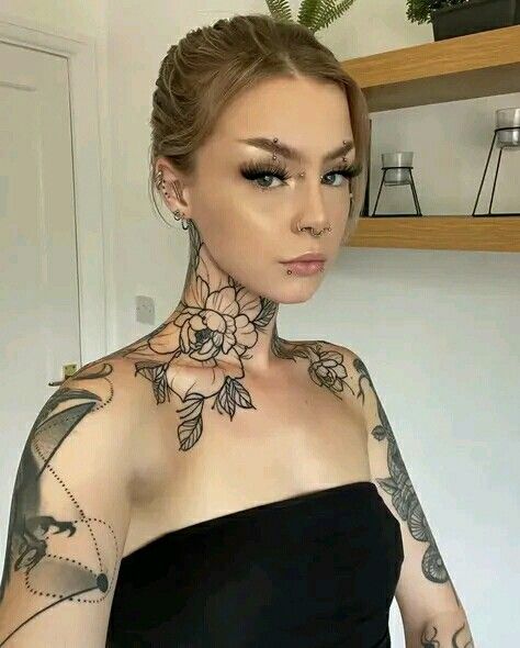 Neck and shoulder tattoo ideas for women Neck Throat Tattoos Women, Flower Neck Tattoo, Marriage Tattoos, Shoulder Tattoo Ideas, Girl Neck Tattoos, Throat Tattoo, Neck Tattoos Women, Shoulder Tattoos For Women, Tattoo Ideas For Women