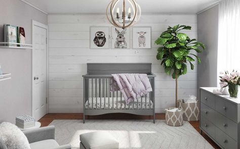 Grey Crib Nursery, White Crib Nursery, Classic Room Design, Gray Gender Neutral Nursery, White Wood Wallpaper, Grey Nursery Boy, Nursery Interior Design, Grey Crib