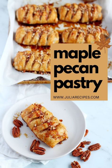 MAPLE PECAN PLAITS PASTRY - Julia Recipes Pecan Pie Pastry, Maple And Pecan Plait Recipe, Maple Pecan Plait, Maple Danish Recipe, Maple Pecan Danish Pastries, Maple Pecan Pastry, Maple Pecan Danish, Maple Pecan Puff Pastry, Puff Pastry Pecan Pie