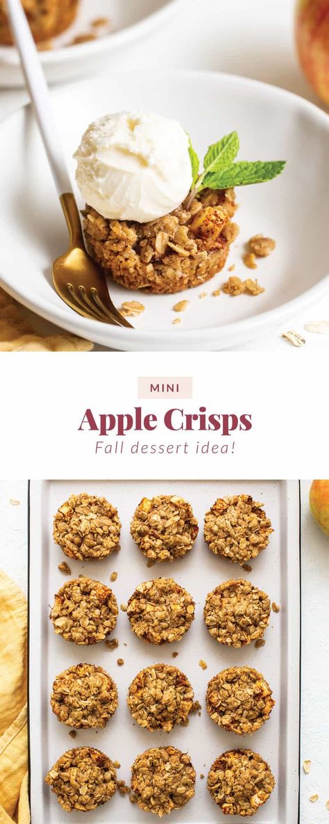 These mini apple crisps are a single-serve twist on classic apple crisps made in a muffin tin! Apple Crisp Muffin Bites, Muffin Pan Apple Pie Desserts, Apple Crumble Cups, Small Apple Pies Muffin Tins, Mini Apple Dessert Recipes, Apple Crisp Muffin Tin, Mini Apple Crisps In Muffin Tin, Apple Crisp In Cupcake Pan, Mini Apple Dessert Cups