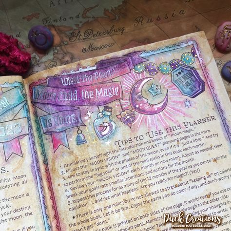 Intro double page from the Planner for a Magical 2023 by Amy Cesari. I used again soluble coffee for the background, colored pencils, brush watercolors, metallic watercolors by Kuretake.✨ #amycesari #adultcoloringbooks #imaginorpencilscolorya #coloryaimaginor #nylonbrushpenscolorya #colorya #adultcoloringbooks #wicca #wiccaart #metallicwatercolors #coloringbookofshadows #handmadewatercolors #kuretakestarrycolors #kuretakepearlcolors #coloringbookofshadowsplanner2023 #magic #ducdeberry #hourbook Amy Cesari, Witchy Journal, Metallic Watercolors, Fantasy Map Making, Shadow And Amy, Map Making, Cute Journals, Creative Journal, Fantasy Map