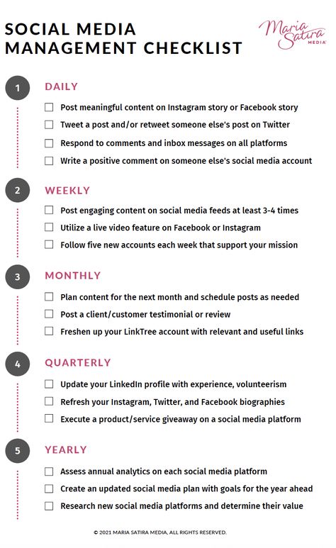 This free management checklist can help your nonprofit organization create a social media plan that works. This includes daily, weekly, monthly, quarterly, and yearly tasks. Instagram Daily Checklist, Weekly Social Media Schedule, Social Media Daily Checklist, Instagram Monthly Plan, Social Media Manager Schedule, Social Media Tools Free, Small Business Daily Schedule, Social Media Nonprofit, Daily Business Tasks