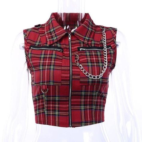 ac796a52db3f16bbdb6557d3d89d1c5adesc49963091ri Vest Zipper, Gothic Chic, Mesh Long Sleeve Top, Plaid Crop Top, Gothic Grunge, Plaid Shirts, Plaid Outfits, Vintage Crop Tops, Plaid Vest