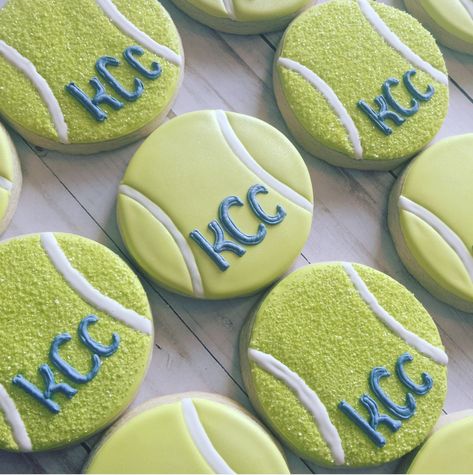 Tennis ball cookies, royal icing, decorated sugar cookies Tennis Cookies Decorated, Tennis Ball Cookies, Tennis Cookies, Dog Desserts, 50th Anniversary Cookies, Sport Cookies, Decorated Biscuits, Tennis Ideas, Ball Cookies