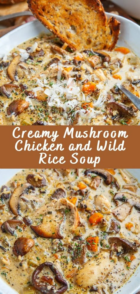 Creamy Mushroom Chicken and Wild Rice Soup | Cheff Recipes Creamy Mushroom And Chicken Wild Rice Soup, Mushroom Chicken Rice Soup, Food And Wine Chicken And Wild Rice Soup, Wild Rice Lunch Ideas, Creamy Chicken Mushroom Wild Rice, Stovetop Chicken Wild Rice Soup, Creamy Mushroom And Chicken Soup, Sausage Mushroom Soup Recipes, Panera Bread Cream Of Chicken And Wild Rice Soup