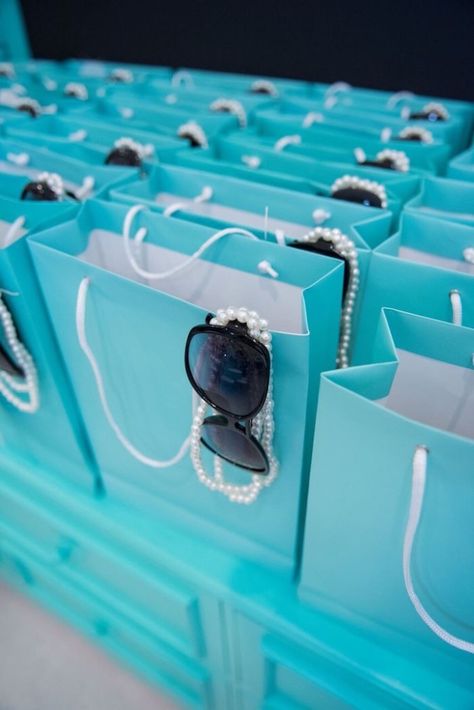 Kara's Party Ideas Breakfast at Tiffany's Inspired Birthday Party | Kara's Party Ideas Fashion Party Favors, Tiffany Party Favors, Breakfast At Tiffany Birthday Party, Tiffany Birthday Party Ideas, Tiffany And Co Birthday Party Ideas, Tiffany Decor, Tiffanys Party Ideas, Tiffany Theme Party, Tiffany Blue Party