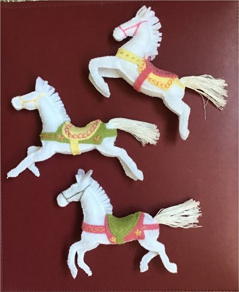 "This item is a DIGITAL DOWNLOAD pattern for Carousel  Mobile. It requires you to make it. It is NOT a physical item.  This mobile was designed for my granddaughter born on Canada Day this year. There are four different horses so you can choose to make one of each or make them all the same. I used only three in my mobile. The different pieces are made from felt and can be made any color.   The pattern includes a list of materials and detailed pictures. Horses are approx. 12 cm (5.5\") in length. Felt Horses, Animal Felt Patterns, For My Granddaughter, Bird Mobile, Felt Mobile, Carousel Horse, Horse Pattern, Felt Patterns, Carousel Horses