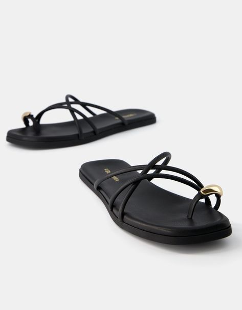 Strappy flat slider sandals with ring detail - Shoes - Women | Bershka Flat Strappy Sandals, Slider Sandals, Strappy Sandals Flat, Strappy Flats, Trainer Heels, Elegant Shoes, Trainer Sneakers, Purse Jewelry, Strappy Sandals