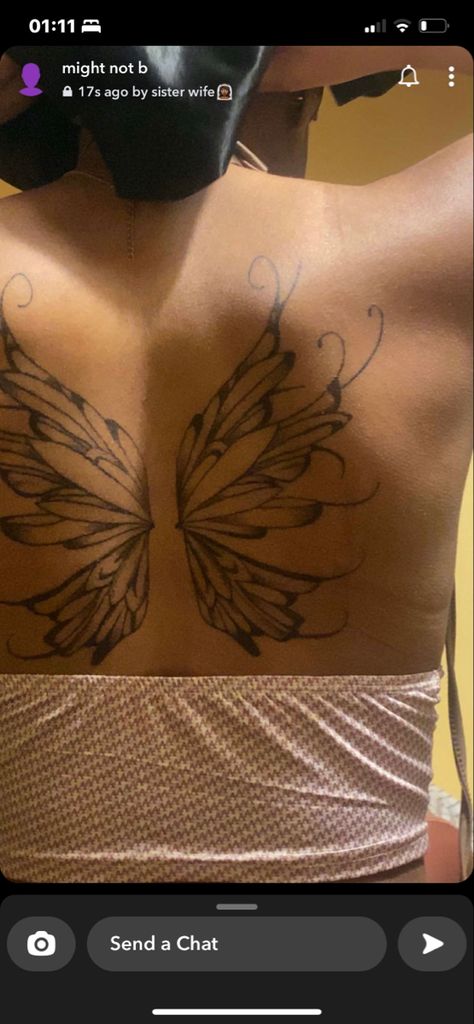 #tattoo #butterflytattoo #tattoosforwomen #blacktattoo Buttery Tattoo, Butterfly Wings Tattoo On Back, Butterfly Chest Tattoo, Butterfly Wings Tattoo, Wings Tattoo On Back, Butterfly Wing Tattoo, Wing Tattoos On Back, Lower Back Tattoo, Tattoo On Back