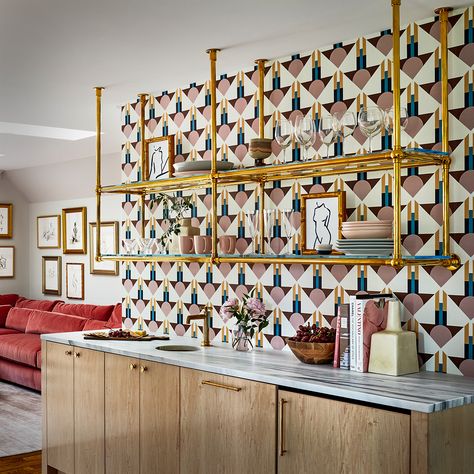 A ceiling and wall mounted Ball style bistro shelving system configured with front and rear vertical posts as well as front and rear horizontal cross bars on both shelf levels. Finished in polished brass unlacquered. Designer: Zoe Feldman Design �– Photography: Stacy Zarin Goldberg | sinklegs Bistro Shelving, Brass Shelving, Ceiling Shelves, Vanity Shelves, Shelf System, Studio Kitchen, Shelving Racks, Wet Bars, Shelving Systems