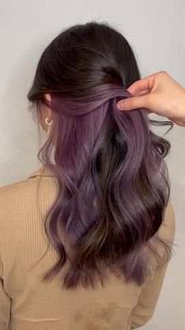 purple peekaboo hair｜TikTok Search Undercolor Hair Purple, Purple Hair Brown Hair, Peekaboo Hair Purple And Brown, Brown Hair And Purple Highlights, Brown Hair Pop Of Color, Underlayer Hair Color Purple, Brown And Dark Purple Hair, Purple Hidden Hair, Black Hair Purple Peekaboo