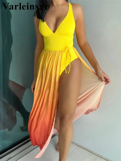 Smarter Shopping, Better Living! Aliexpress.com Backless Swimwear, Ombre Print, Backless Swimsuit, Long Sleeve Swim, Gradient Print, Yellow Ombre, Ombre Design, Women Bathing, Swimwear Tankini