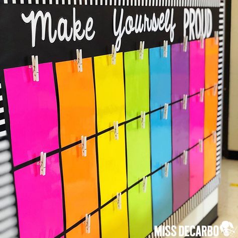 Make Yourself P R O U D! This is our student display board for the year. My students will be able to put anything on their clothespin that… Student Work Bulletin Board, Joey Udovich, White Board Ideas, Bright Classroom, Colorful Classroom, Rainbow Classroom, Classroom Board, Classroom Organisation, 4th Grade Classroom