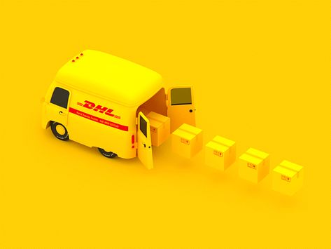 Animation for DHL by Alexey Sever | Dribbble | Dribbble Truck Animation, Animated Gifts, Yellow Gif, Box Animation, C4d Animation, 3d Motion Graphics, Typographic Art Print, Animation Gif, Typographic Art