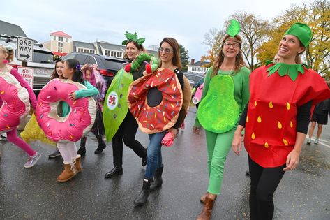 Teachers Celebrate 'Hungry Caterpillar' in Halloween Parade | Shore Country Day School Hungry Caterpillar Costume Teacher, Very Hungry Caterpillar Costume Teacher, The Very Hungry Caterpillar Costume, Very Hungry Caterpillar Costume, Hungry Caterpillar Costume, Lollipop Costume, Donut Costume, Caterpillar Costume, Fruit Costumes