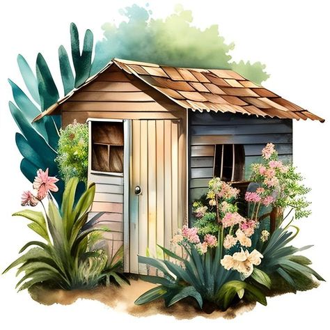 Shed Drawing, Father's Day Drawings, Watercolor Cottage, Drawing Cartoon, Garden Shed, Cottage Garden, Shed, Fathers Day, Cottage