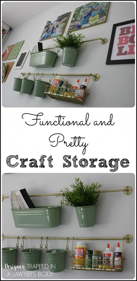 LOVE THIS! Use Ikea's inexpensive kitchen wall storage for high style craft storage! See all the details from Designer Trapped in a Lawyer's Body for All Things Thrifty! Hanging Craft Storage, Hanging Buckets On Wall Art Supplies, Arts And Crafts Wall Storage, Hanging Buckets On Wall Storage Ideas, Diy Office Wall Organization, Diy Wall Organizer Office, Ikea Wall Organizer, Wall Office Organization, Craft Room Wall Storage